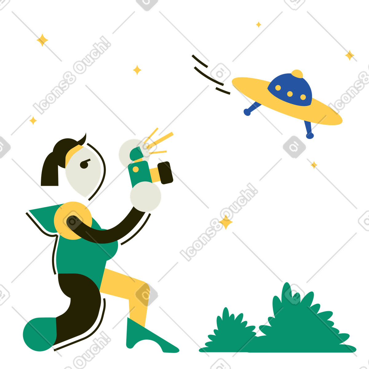 Ilustración Mujer tomando una foto de un ovni en estilo Spot a descargar en PNG y SVG