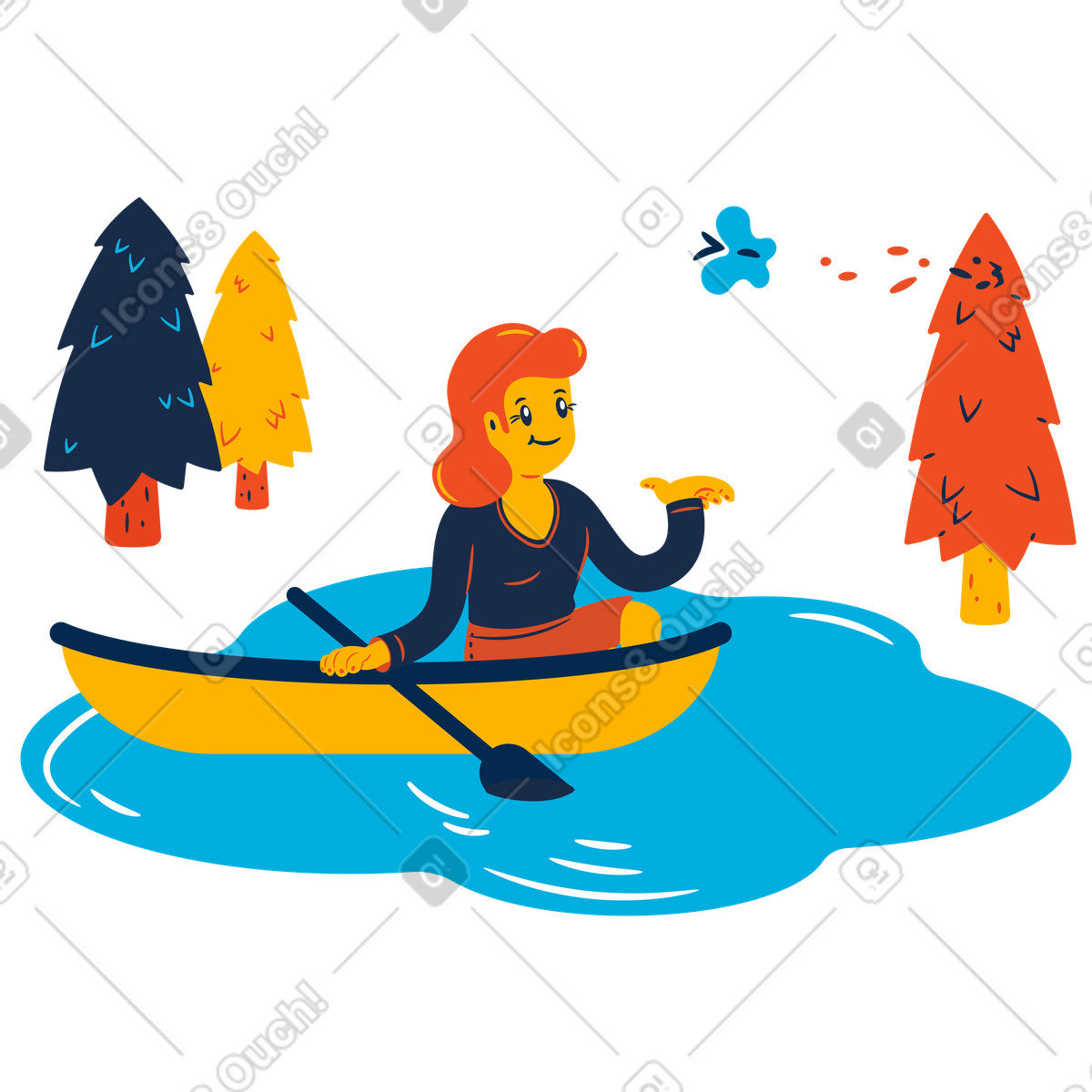 Ilustración Mujer remando en un bote el lago estilo Flame a descargar PNG y SVG