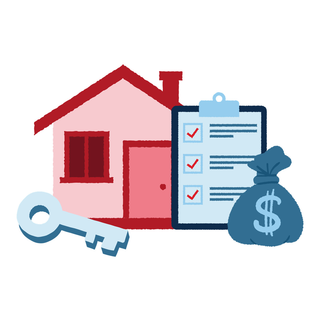 Cherry 스타일의 House, money bag and approved loan application 일러스트레이션 PNG, SVG 다운로드