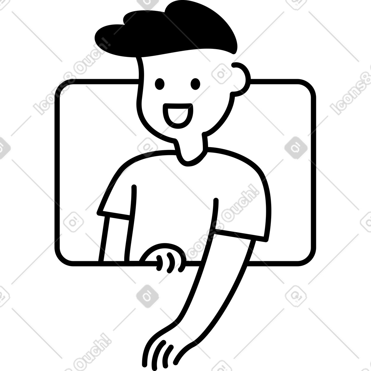Character waving hand inside rounded rectangle frame outline drawing illustrazione in stile Notion Line Art scarica in PNG, SVG