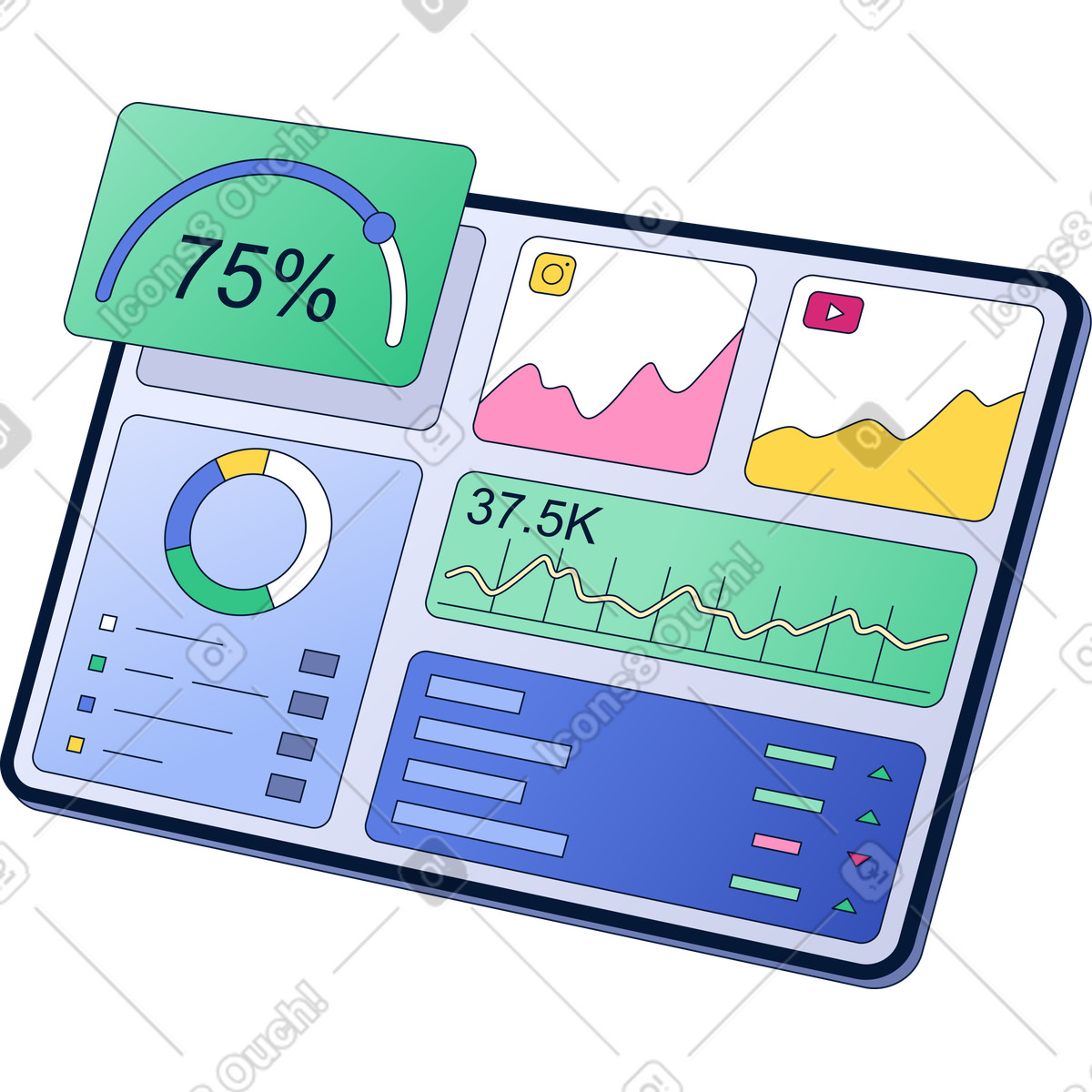 Marketing dashboard monitoring social media statistics conversion rates and campaign performance-Illustration im Neat-Stil als Download in PNG, SVG