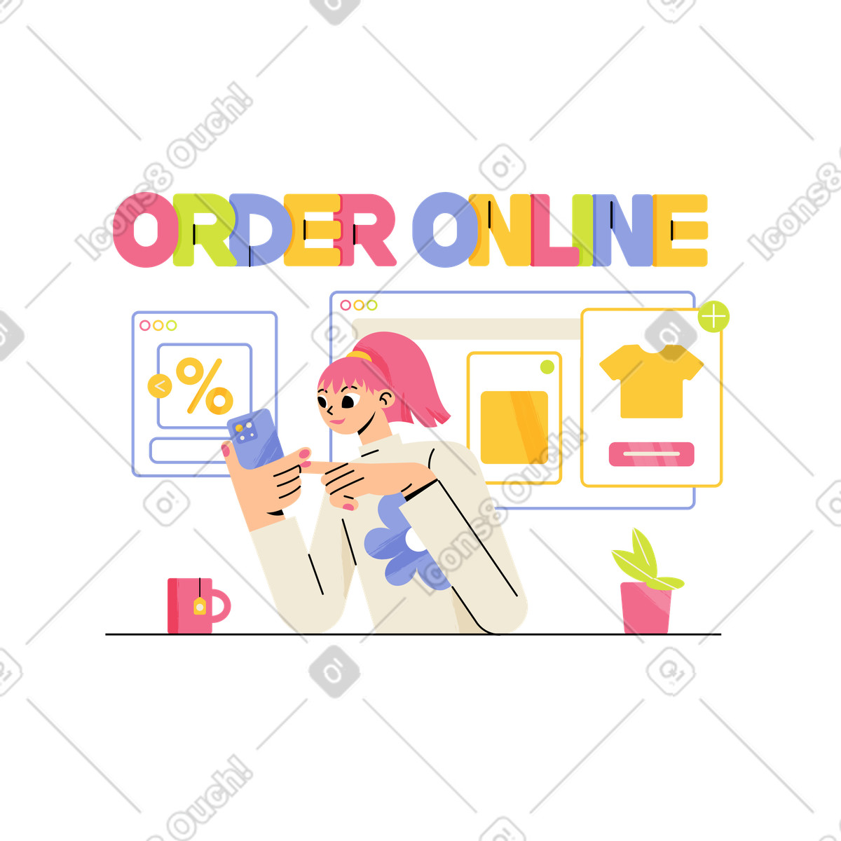 Lettering order online con i browser del negozio illustrazione in stile Juicy scarica in PNG, SVG