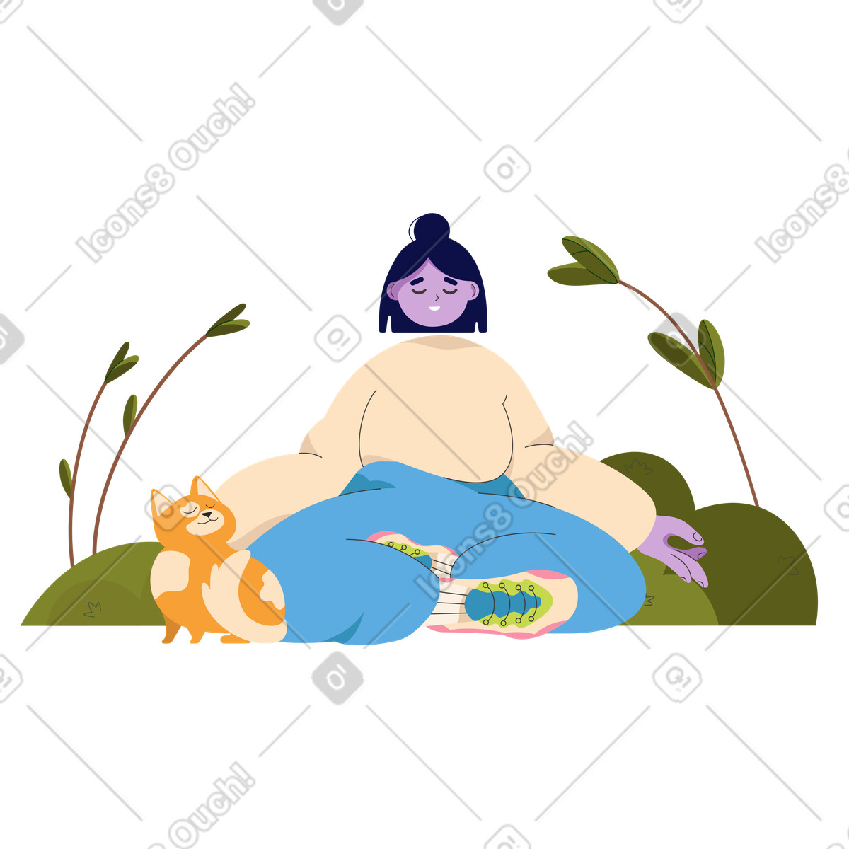 Young woman meditating in lotus position with cat illustration Dizzy style download PNG, SVG