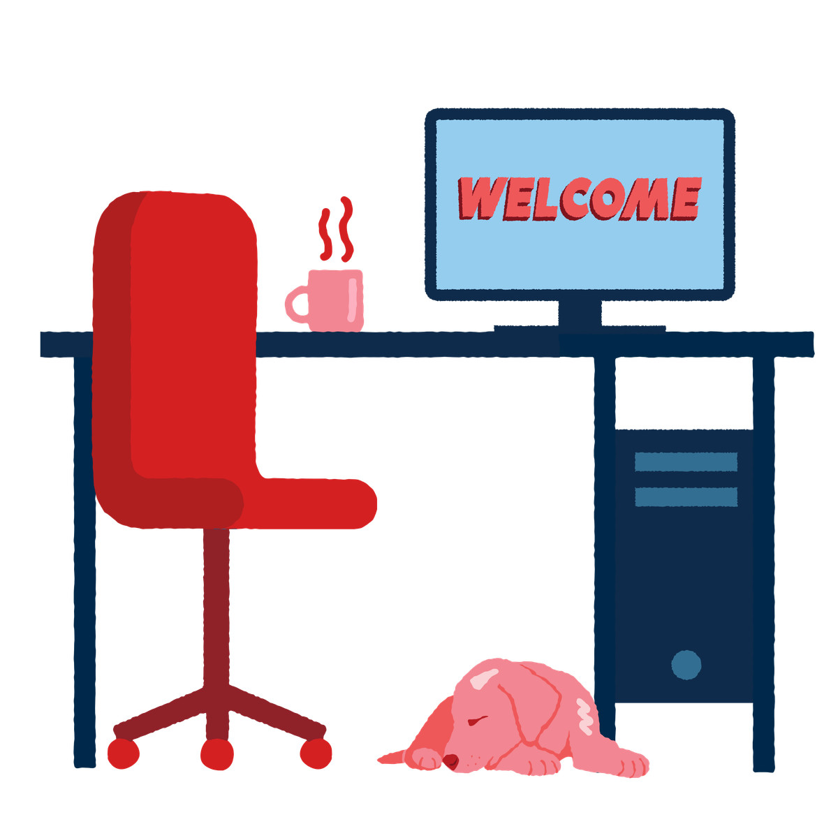 Office interior with welcome text on desktop computer's screen illustration in PNG, SVG