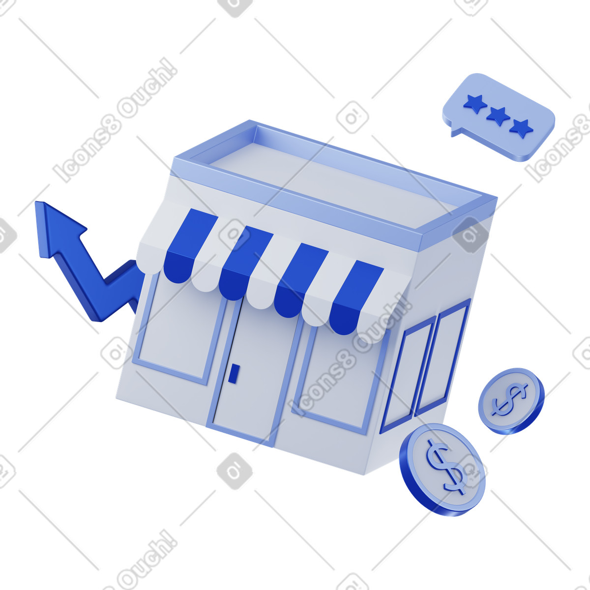 Illustration animée Small storefront with growth arrow and coins, Local business sales success dans le style 3D Techny à télécharger aux formats GIF, Lottie (JSON), AE