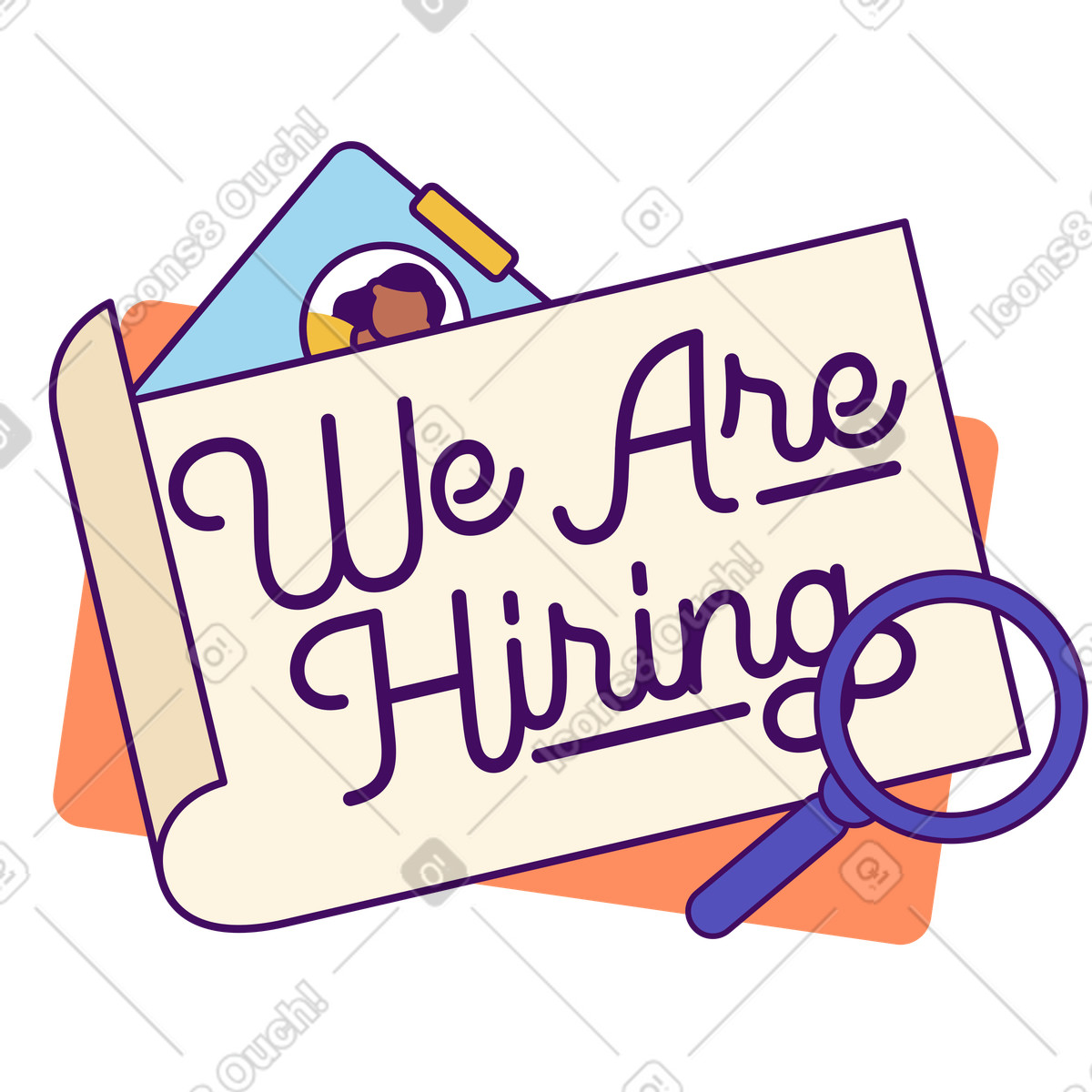 We Are Hiring lettering with CV and magnifier, Human resources promo illustration in Simplistic style download in PNG, SVG