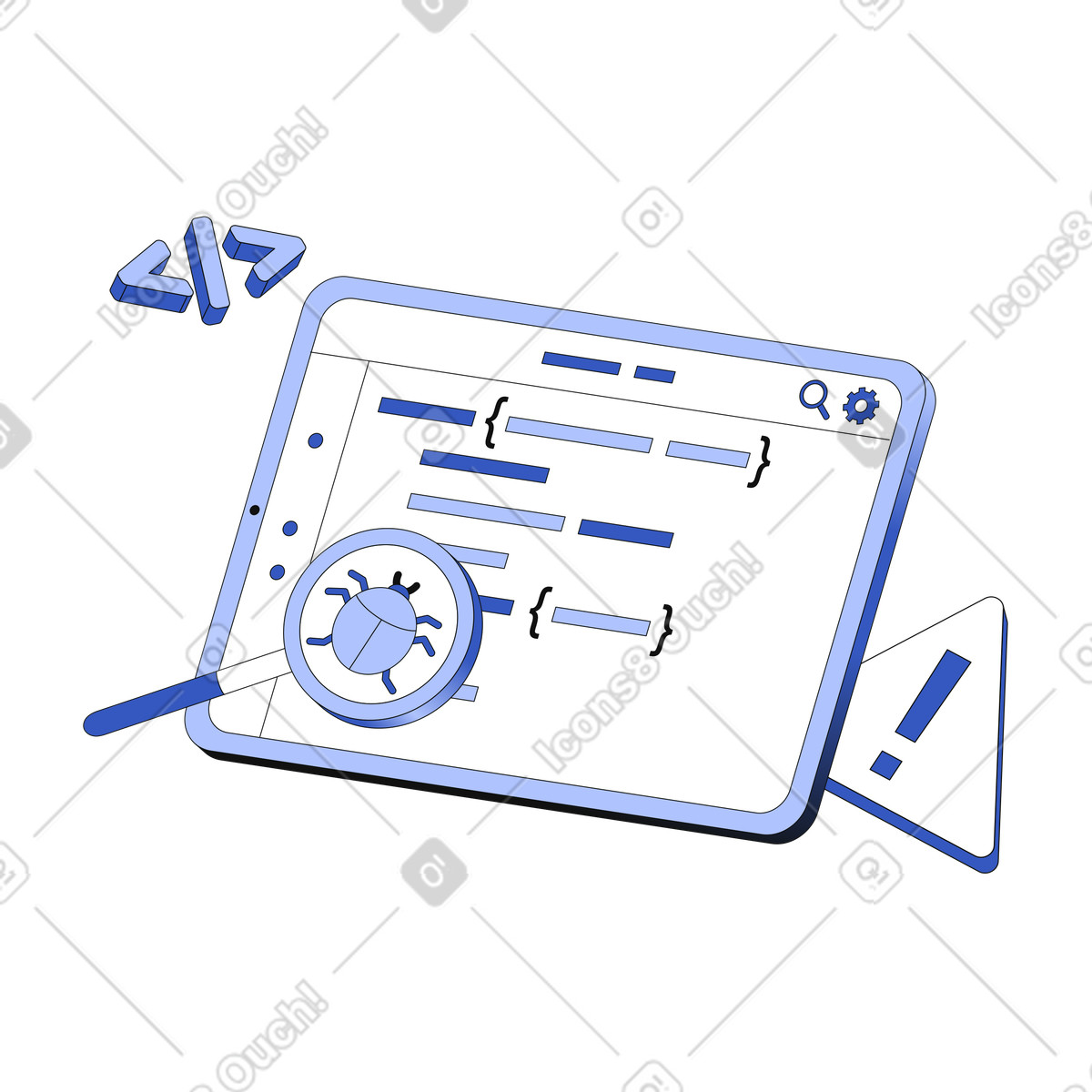 Bug detection with magnifying glass, Quality assurance in software development animated illustration in GIF, Lottie (JSON), AE