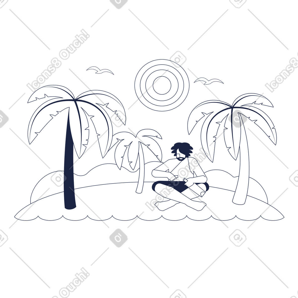 Finding bottle with message on secluded beach, Communication deserted island illustrazione in stile Urban Line scarica in PNG, SVG