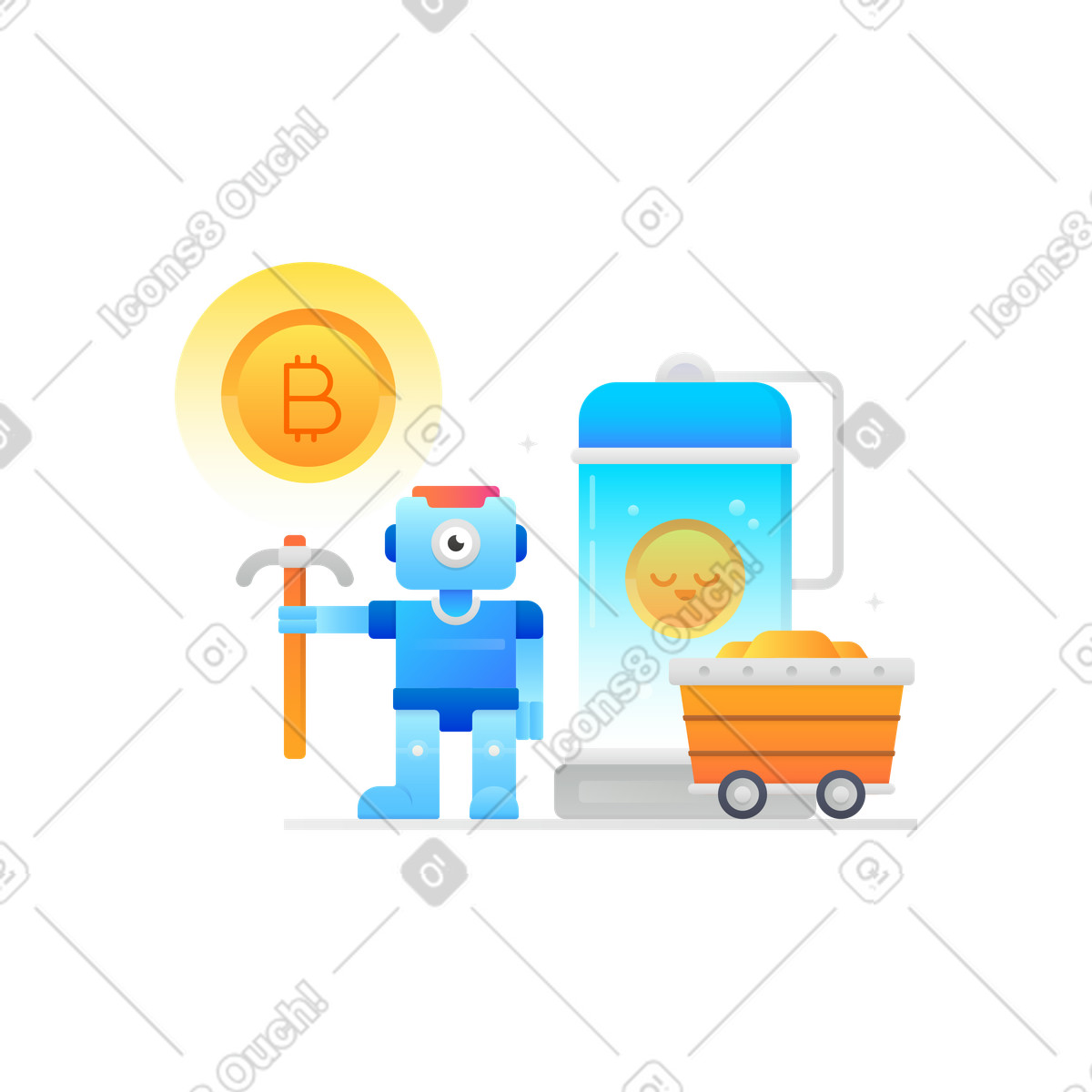 Robot with pickaxe mining bitcoin illustration in Hugo style download in PNG, SVG