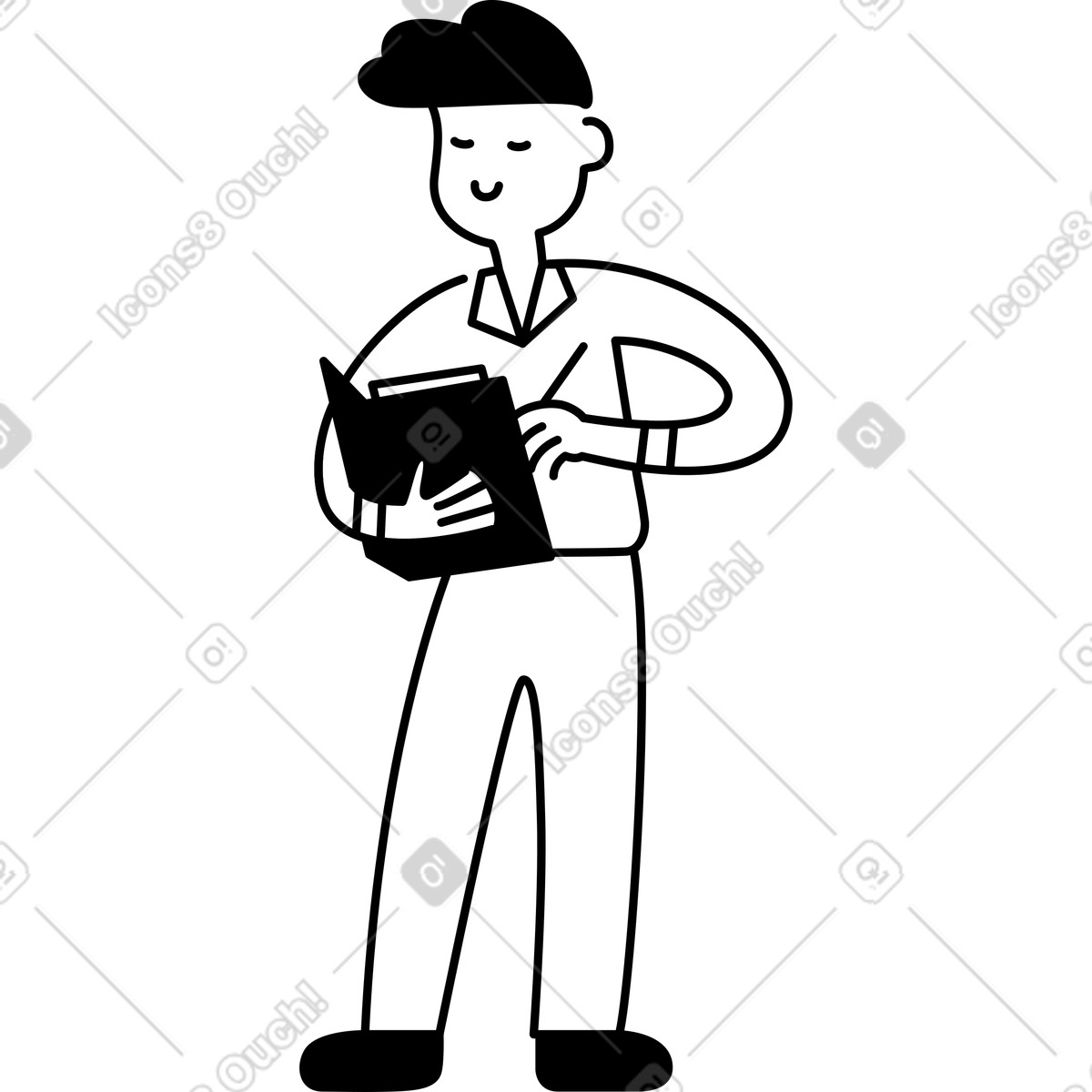 Worker holding clipboard writing notes with pen and relaxed expression illustration in Notion Line Art style download in PNG, SVG