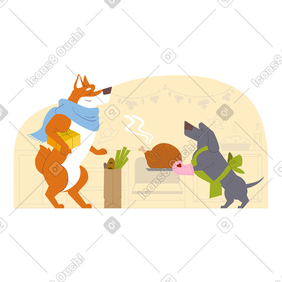 Dogs serving turkey illustration Thanksgiving dinner clipart for culinary projects in PNG and SVG