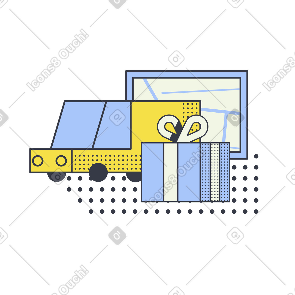 Delivery van with gift box, Package shipping and courier service illustration in Abstract style download in PNG, SVG