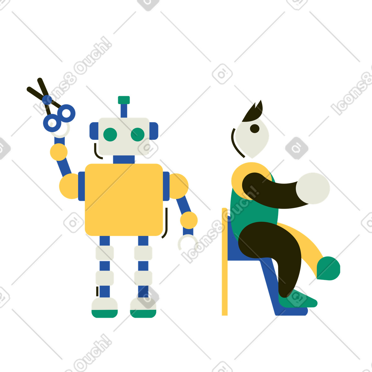 Ilustração de Robô barbeiro cortando cabelo homem em no estilo Spot para baixar em PNG, SVG