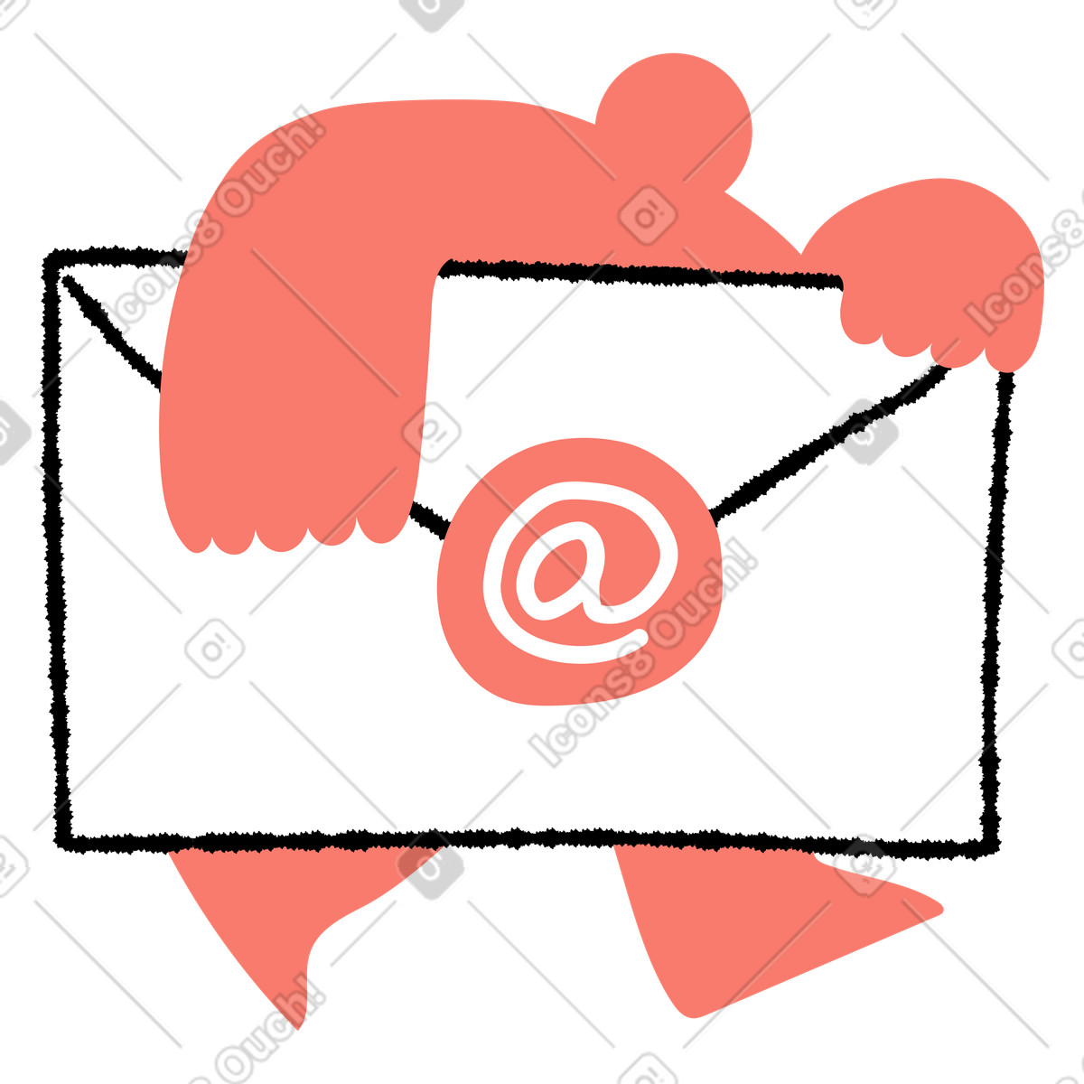 Bold People 스타일의 Envelope character holding email message with large at symbol sign 일러스트레이션 PNG, SVG 다운로드