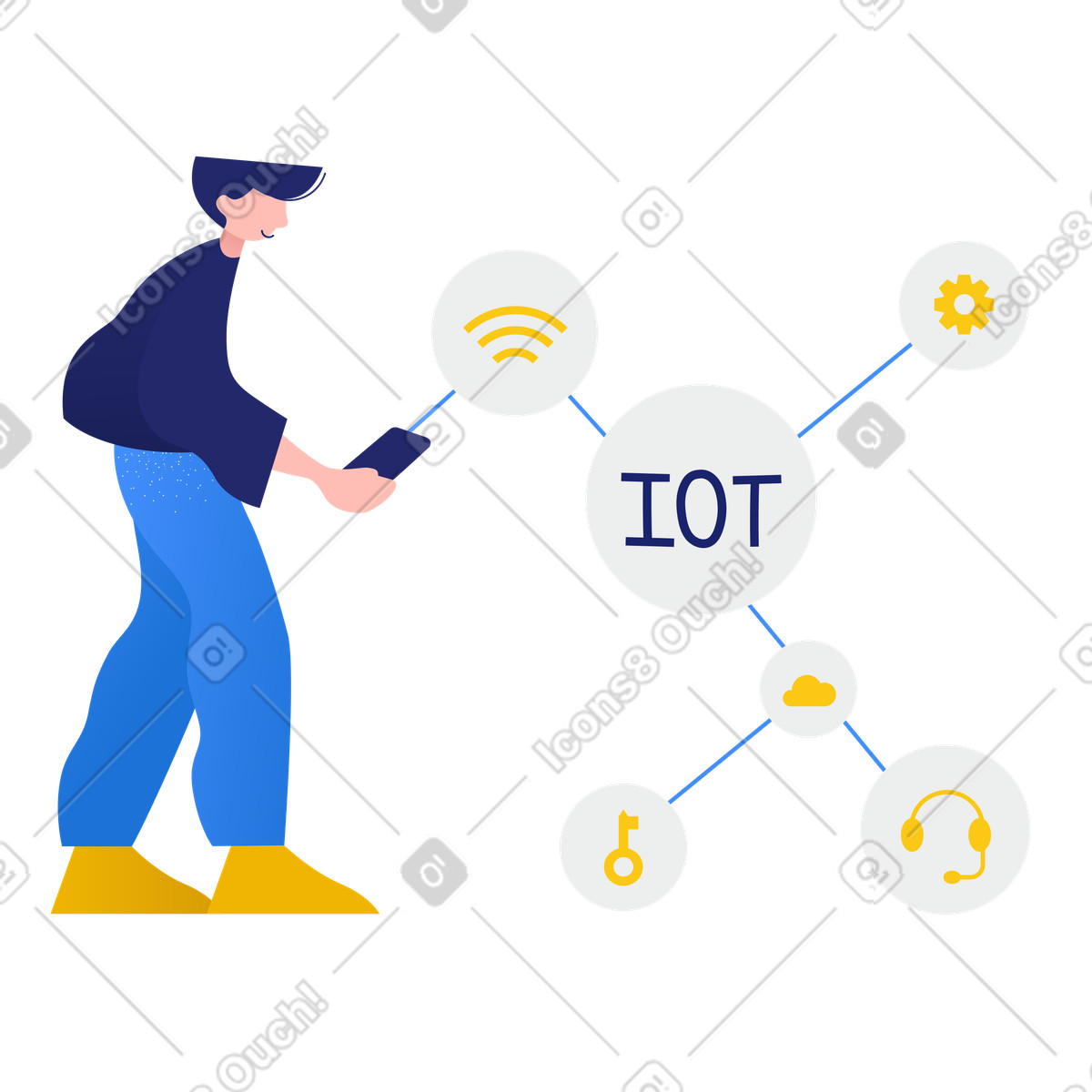 Ilustración Hombre conectándose a la red iot por teléfono en estilo Clip descargar en PNG y SVG
