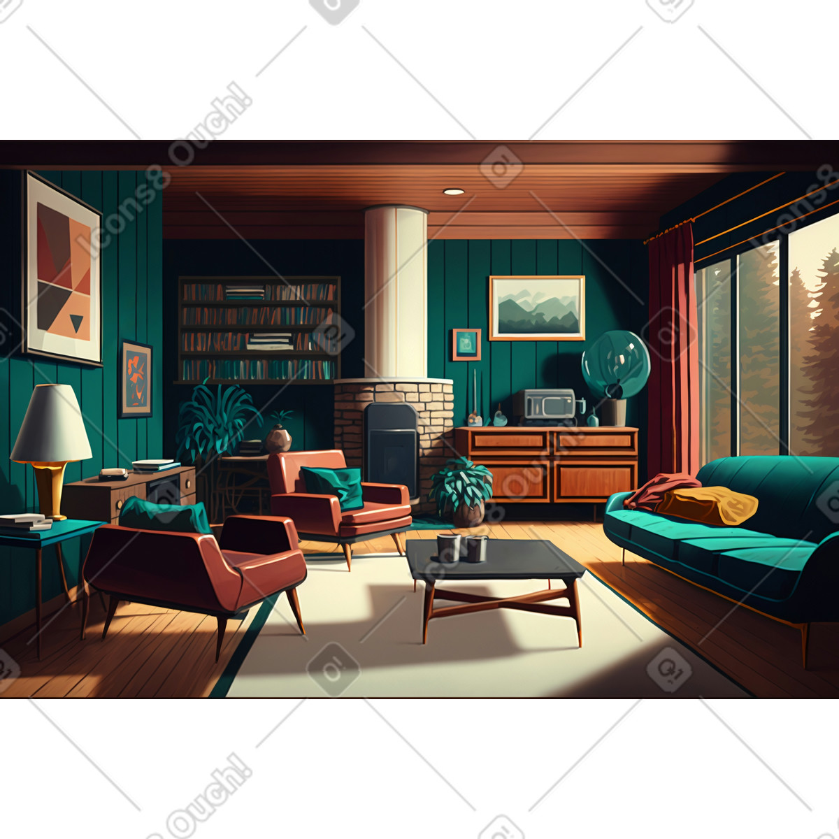 Living room with fireplace background illustration in Experimental style download in PNG, SVG