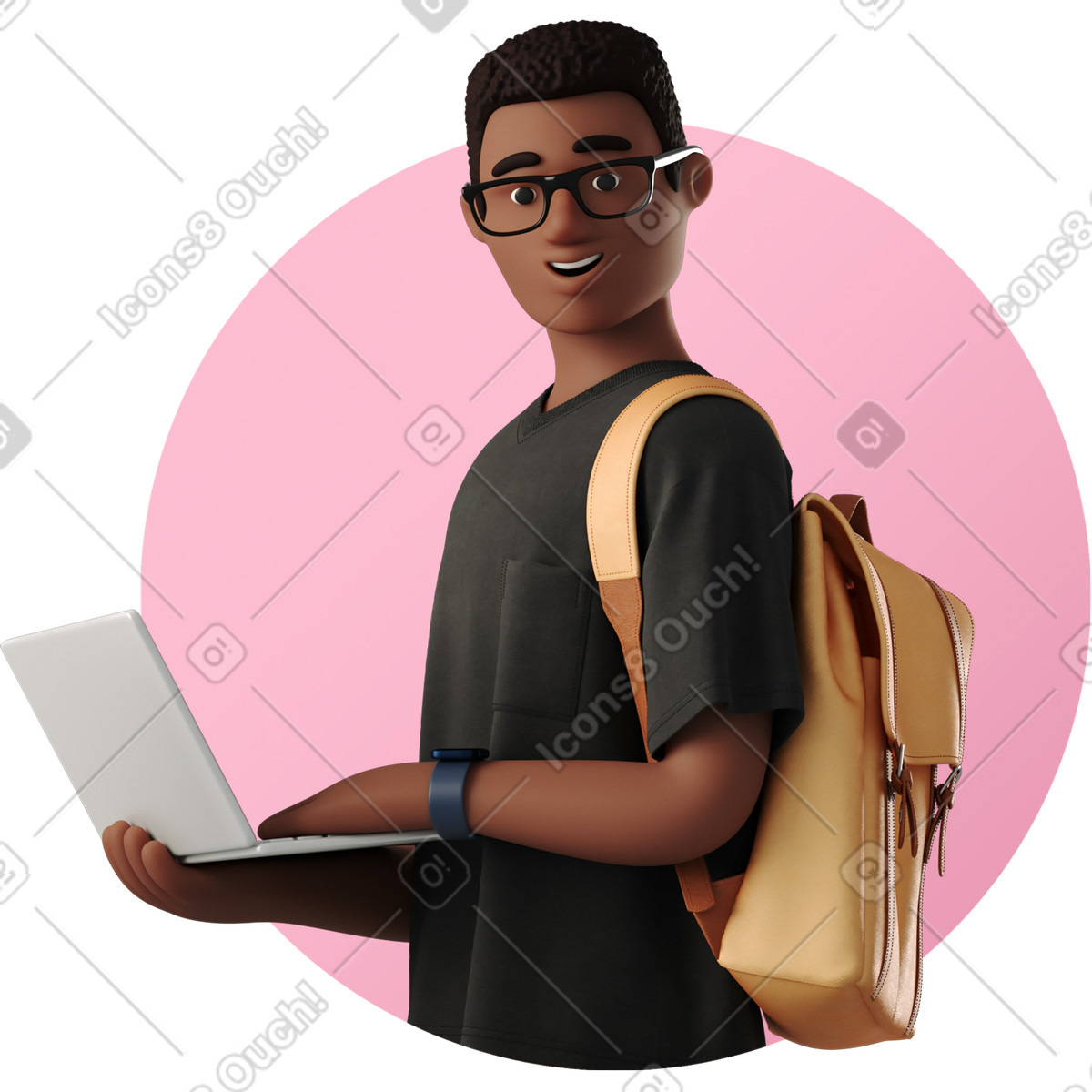 Ilustración Young man with laptop and backpack en estilo 3D Business a descargar en PNG y SVG