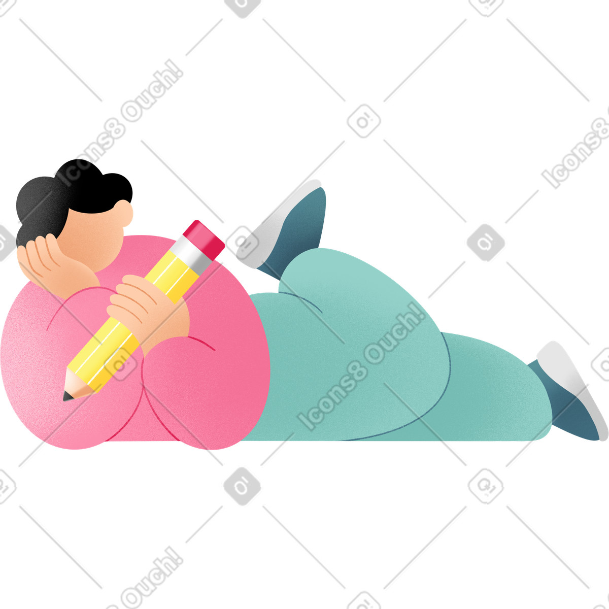 Ilustração de Jovem deitado com um lápis nas mãos em no estilo Joy para baixar em PNG, SVG
