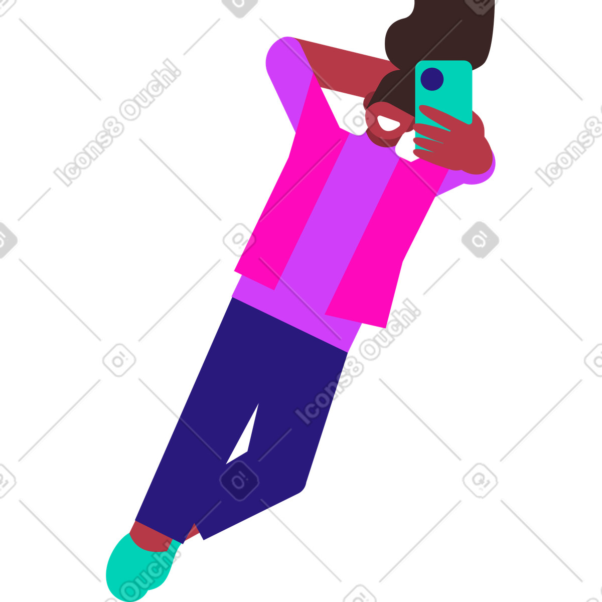 Illustration Femme heureuse avec un smartphone dans une pose détendue le style Basic à télécharger aux formats PNG, SVG