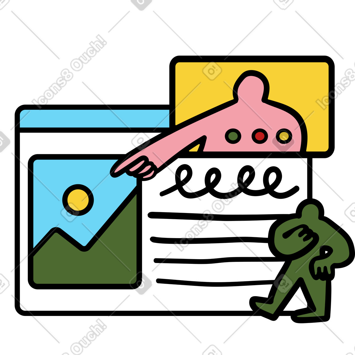 Shared document with image and text layout, website planning remote team collaboration illustration in Wiggle style download in PNG, SVG