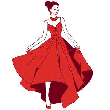 A red model in a striking pose is wearing a flowing designer dress that drapes elegantly around her. The dress features intricate patterns and shimmering details that catch the light. She has stylish accessories, including an orange statement necklace and matching earrings. The model's hair is styled in a chic updo, accentuating her graceful neck. The background is minimal, focusing entirely on the model and her stunning outfit.