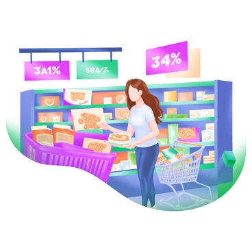 A modern pastel illustration depicting a shopper in a grocery store aisle. The shopper is a young woman with long, brown hair wearing a casual outfit, holding a box of cereal in one hand. She stands in front of a colorful display of cereal boxes, featuring various brands in bright packaging. The aisle is well-lit, with shelves stocked with different products on either side. In the background, a shopping cart is partially visible, filled with other grocery items, while bright signs hang above the shelves indicating various promotions.