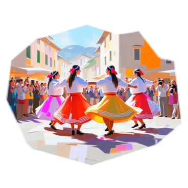 A lively group of dancers performing a traditional folk dance in a vibrant square in Grenoble. The dancers are dressed in colorful, traditional costumes, featuring detailed patterns and embroidery. They are positioned in a circle, their movements synchronized as they engage with each other, showcasing the energy of the dance. Surrounding them are historic buildings with charming architecture, and the square is filled with an audience watching intently. Some spectators are clapping along to the rhythm, while others are capturing the moment with their cameras. The scene is filled with a sense of joy and community, reflecting the cultural heritage of the region.