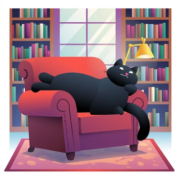 A black cat with shiny fur is lounging on an old leather armchair in a Victorian-style library. The armchair features deep brown leather with ornate carvings on the arms and legs. Around the cat, there are tall wooden bookshelves filled with antique books, their spines in various shades of burgundy and green. A warm light from a nearby brass lamp casts a soft glow over the scene, illuminating the cat's relaxed posture. The floor is covered with a rich, patterned rug that complements the decor of the library.