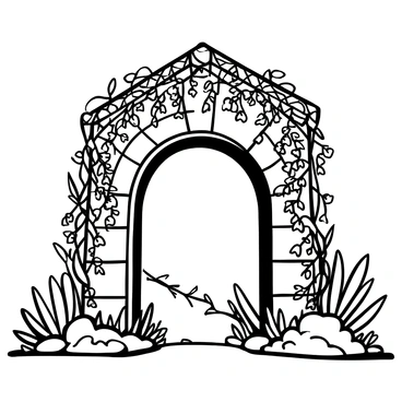 A stone archway stands prominently in a garden, intricately carved with detailed patterns. Cascading ivy gracefully drapes over the top of the archway, with tendrils hanging down and intertwining with each other. The ground is adorned with various plants and flowers, creating a lush, natural setting. Sunlight filters through the leaves, casting soft shadows on the stone. The scene evokes a sense of tranquility and harmony with nature.