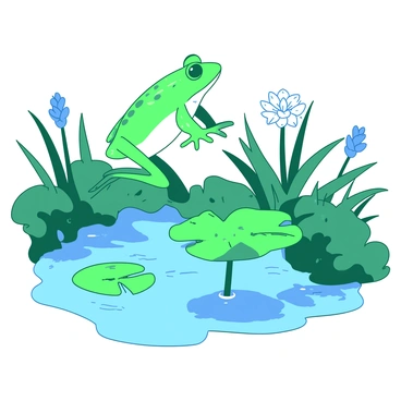 A green frog with shiny skin is leaping from one lily pad to another in a pond. Each lily pad is a vibrant shade of white, floating gracefully on the surface of the water. The pond is surrounded by lush green reeds and delicate flowers in shades of blue. The water reflects the sky, creating a peaceful scene filled with nature.