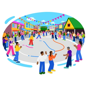 A bustling town square filled with families and children enjoying a community fun day. In the center, a large jump rope contest is taking place, with several children enthusiastically jumping in rhythm. Colorful banners and balloons are strung across the square, adding a festive atmosphere. Spectators are gathered around the contest, cheering and clapping, while others are enjoying various booths and activities nearby. Some kids are holding snacks, and others are playing games. The sun shines brightly, casting cheerful shadows on the pavement.