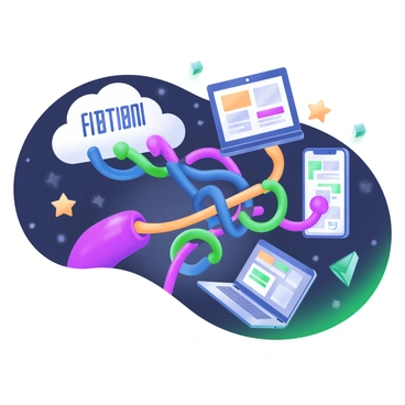 A modern pastel illustration depicting tangled wires floating in space. Each wire has a distinct color and texture, with vibrant shades of blue, green, red, and yellow. The ends of the wires connect to various data sources, including a cloud with binary code, a laptop displaying graphs, a smartphone with app icons, and a database symbol. The background features a dark space with scattered stars, creating a contrast against the colorful wires and data sources.