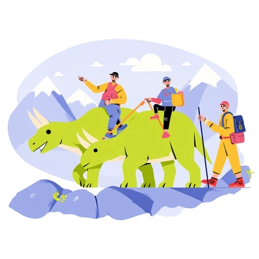 A group of explorers in colorful climbing gear is ascending a rocky mountain trail. They are accompanied by two large triceratops acting as pack animals, each adorned with sturdy saddles and bags. The triceratops have vibrant green skin with distinctive three facial horns and a frill around their heads. A clear blue sky with a few fluffy clouds is above, and distant snow-capped peaks can be seen in the background. One of the explorers is pointing ahead while another is securing a strap on the triceratops, creating a sense of teamwork and adventure.