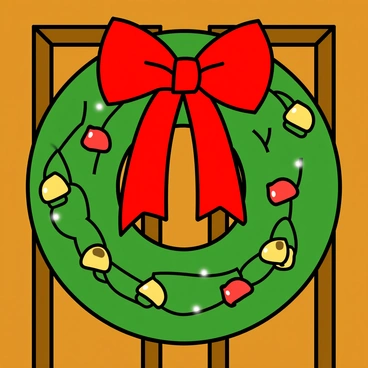 A round holiday wreath made of fresh green pine branches, hanging on a wooden door with a smooth finish. The wreath is adorned with shiny gold and red jingle bells scattered throughout, reflecting light. A vibrant red ribbon is elegantly tied in a large bow at the top of the wreath, with the ends draping down. The door is painted a warm brown, complementing the festive colors of the wreath.
