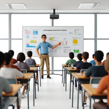 A lecturer with short, dark hair and glasses is standing at the front of a classroom. He is wearing a blue button-down shirt and khaki pants. The lecturer is pointing towards a large whiteboard that displays a detailed diagram of "contracts of indemnity." Various visual aids, including colorful charts and graphs, are positioned around the classroom. Students with diverse appearances are seated at wooden desks, taking notes and actively engaging with the lecture. The classroom is well-lit, with large windows allowing natural light to illuminate the space. A projector is mounted on the ceiling, casting an additional visual aid onto the screen.