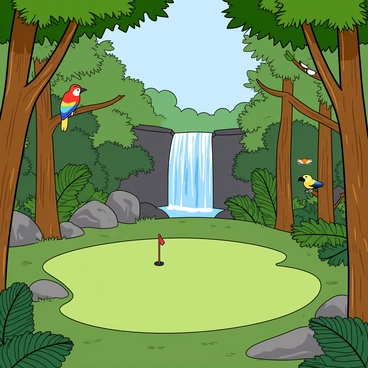 A picturesque golf hole is nestled within a vibrant rainforest. The scene features a smooth green putting surface surrounded by tall, dense trees with rich green leaves. Exotic birds with bright feathers are perched on branches, adding splashes of color to the natural surroundings. In the background, a cascading waterfall tumbles over rocks, creating a serene soundscape and glistening droplets in the sunlight. The sky above is partially visible through the foliage, revealing hints of blue. The entire setting reflects a harmonious blend of golf and nature, inviting players to immerse themselves in this enchanting environment.