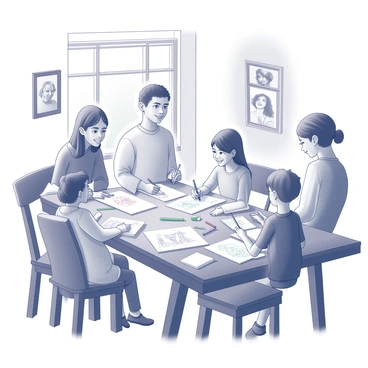 A family gathered around a large wooden table, engaging in a drawing session. The table is cluttered with various drawing materials, including sketchpads, colored pencils, and markers. Each family member is focused on their own illustration: a child is drawing a cartoon character, another child is sketching a landscape, while one parent is working on a portrait. The other parent is providing encouragement and sharing ideas. The room is filled with light from a nearby window, and family photographs adorn the walls, creating a warm atmosphere of creativity and togetherness.
