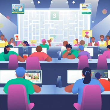 A large gaming arena is filled with spectators, creating a vibrant atmosphere. In the center, multiple players are sitting at their desks, each focused intently on their computer screens. The players have diverse appearances; one has short blue hair, wearing a headset, while another has long dark hair tied back. Each player is surrounded by colorful LED lights illuminating their workspace. In the background, a massive screen displays the tournament bracket and live game footage. Excited fans can be seen cheering, some holding posters and wearing team jerseys, contributing to the energetic ambiance of the scene.