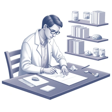 A scientist is seated at a wooden table, focused on creating detailed sketches of various fossils. The scientist, wearing a white lab coat, has short hair and is using a pencil to carefully draw on a sheet of paper. Nearby, several fossils are arranged, including a dinosaur tooth and a trilobite, each positioned strategically for reference. The table is cluttered with additional tools such as brushes for cleaning, magnifying glasses, and notes scattered about. The background features shelves lined with books on paleontology and small jars containing preserved specimens.