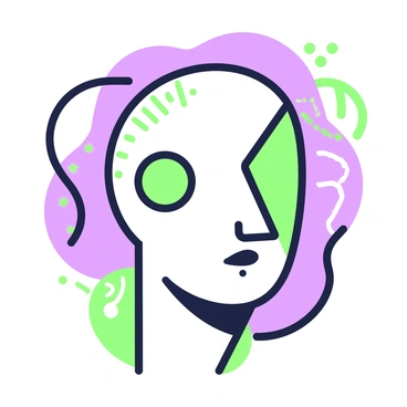 A modernist portrait of a human face is presented prominently. The face is composed of bold, geometric shapes that create a distinctive profile. The eyes are represented by large, circular forms, one being slightly higher than the other. The nose is depicted as a sharp triangle, while the mouth features a curved line that suggests an expression. The background consists of various overlapping abstract shapes, enhancing the focal point of the face. Intricate details such as lines and dots are included within the shapes, providing texture and depth to the overall image.