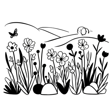 A vast meadow filled with a diverse assortment of wildflowers, each distinctly shaped, creating a dynamic landscape. The wildflowers exhibit various textures and sizes, with tall stems bending slightly in a gentle breeze. The background features rolling hills that complement the meadow's vibrant life. A few butterflies flit among the flowers, adding movement to the scene. A cluster of rocks can be seen in one corner, partially covered with moss, enhancing the natural feel of the environment.