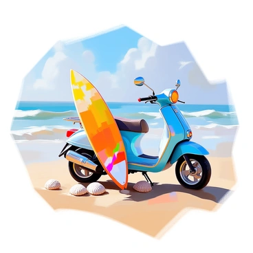 A gas moped parked on a sandy beach with a surfboard strapped to it