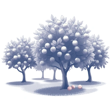 A grove filled with grapefruit trees. The trees are tall and sturdy, with a thick trunk and numerous branches extending outward. The branches are heavily laden with round fruits, which hang in clusters among the lush green leaves. The fruits are large and round, appearing glossy and ripe. The ground is covered in soft grass, with occasional fallen fruits scattered around it. Sunlight filters through the leaves, creating dappled shadows on the ground below.