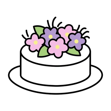 A round cake with smooth white frosting. The top is adorned with colorful edible flowers, including pink and purple blossoms, arranged in a circular pattern. Green leaves are interspersed among the flowers, adding a natural touch. The cake sits on a simple white plate, with a clean and minimalistic presentation.