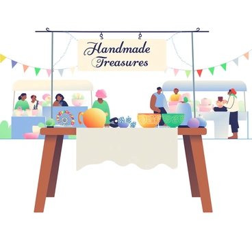 An artisan's booth is set up at a craft fair, showcasing a variety of handmade jewelry and pottery. The booth features a wooden table covered with a white cloth that displays several pieces of jewelry, including colorful beaded necklaces, delicate silver earrings, and handcrafted bracelets. Beside the jewelry, there are vibrant ceramic pots and bowls in various shapes and sizes, painted with intricate designs. A sign hanging above the booth reads "Handmade Treasures" in elegant lettering. The background shows other booths with people browsing and engaging in conversation, and there are strings of colorful bunting decorating the area.