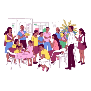 A group of families is gathered in a spacious outdoor area, chatting and laughing together as they await the ceremony. The scene shows a diverse mix of people, including children playing nearby and adults engaged in friendly conversations. Some families are standing, while others are seated on white chairs arranged neatly. Colorful decorations and floral arrangements are visible in the background, adding to the festive atmosphere. The expressions on their faces convey joy and anticipation for the upcoming event.