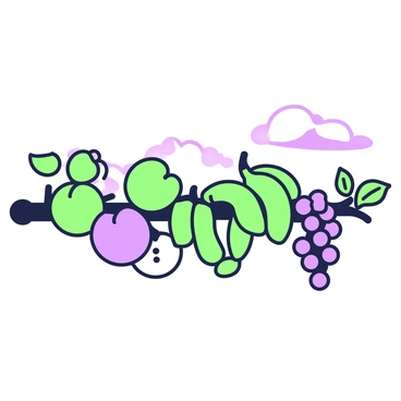 A branch extends horizontally, heavy with a variety of fruits. The fruits include round apples, elongated bananas, and clusters of grapes. Each piece of fruit is distinct in shape and size, contributing to the overall abundance on the branch. The background features a clear sky, creating a vibrant contrast with the fruits. The branch is sturdy, with a few green leaves sprouting along its length, enhancing the natural scene.