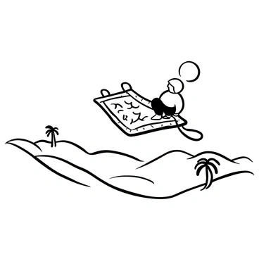 A child sitting cross-legged on a large flying carpet, soaring above a vast desert landscape. The carpet features intricate patterns and designs, fluttering in the wind. Below, there are rolling sand dunes creating gentle waves across the terrain. The sky above is clear, enhancing the sense of elevation and adventure. In the distance, a few sparse palm trees can be seen, adding a touch of contrast to the sandy expanse.