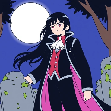 A gothic anime vampire with long, flowing black hair stands gracefully in a moonlit graveyard. The vampire is dressed in an elegant black coat with intricate silver embroidery and a high collar. Beneath the coat, a deep red vest is visible, along with a lace cravat tied neatly at the neck. The vampire has striking pale skin and piercing red eyes that stand out against the dark attire. Surrounding them are weathered gravestones, partially covered with moss, and the full moon casts a soft glow, illuminating the scene with a haunting light. A gentle breeze rustles the leaves of nearby trees, enhancing the eerie atmosphere of the graveyard.