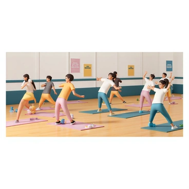 An aerobics studio with bright wooden floors and large mirrors lining the walls. The space is filled with energetic participants engaging in a group workout led by an instructor. Various exercise mats, weights, and fitness equipment are scattered around the room. "Stay Motivated" and "Push Your Limits" are among the motivational posters displayed prominently on the walls. The atmosphere is lively, with participants smiling and sweating as they follow the instructor's movements.